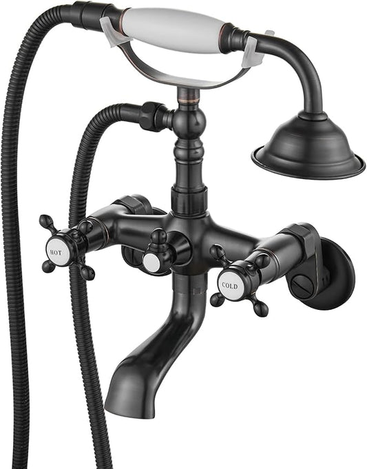gotonovo Clawfoot Bathtub Faucet Tub Filler with Hand Held Shower Faucet Set Victorian Double Cross Handle 6 Inch Center Adjustable Swing Arms Tub Mount Short Adapter Oil Rubbed Bronze