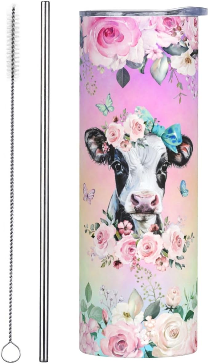 Skinny Tumbler Gift For Men Women, Cow Print Gifts For Women Funny Cow Print Tumbler Cup With Straw Lid 20 Oz,Pink Rose Cow Reusable Stainless Steel Insulated Vacuum Slim Travel Coffee Mug