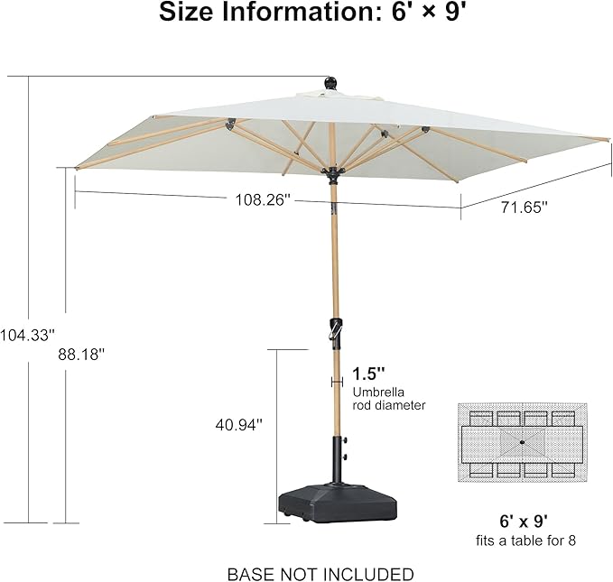 PURPLE LEAF 6' x 9' Market Umbrella Outdoor Table Umbrella Aluminum Patio Umbrella with Push Button Tilt & 8 Sturdy Ribs and Crank Rectangular Sun Umbrella for Pool Backyard Beach, Cream