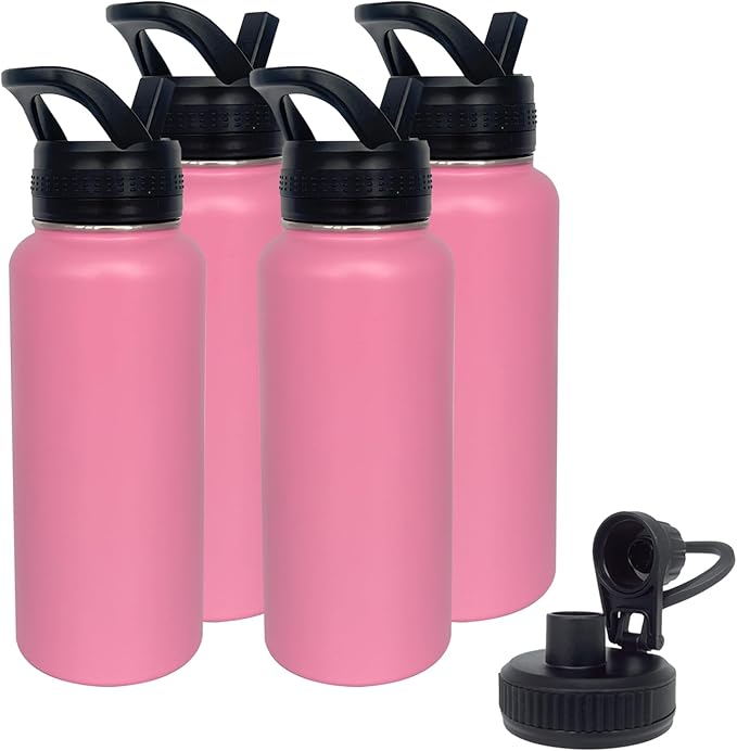 4pack 32 oz Insulated Water Bottle With Straw, Stainless Steel Sports Water Cup Flask with 2 Lids, Wide Mouth Travel Thermal Mug,Pink