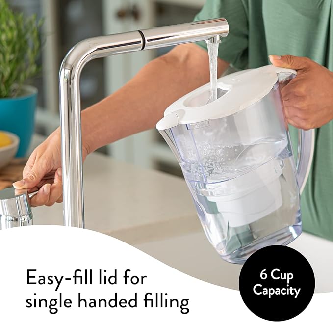 Aqua Optima 6-Cup Water Filter Pitcher Bundle Pack for Tap and Drinking Water with 6 Evolve+ Filter, Reduces Microplastics, Improves Taste, BPA Free, WQA Certified, Oria Design (White)
