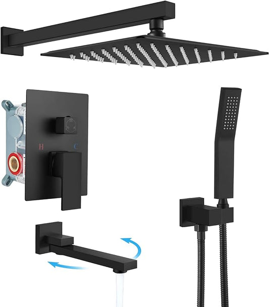 gotonovo Rainfall Tub Shower Faucet Set Bathroom Shower System with Tub Spout Wall Mount Square High Pressure Shower Fixtures with Handheld Sprayer Rough-In Valve 10'' Shower Head,Matte Black
