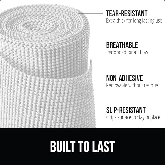 Gorilla Grip powerGRIP Drawer Shelf and Cabinet Liner, Thick Strong Hold, Non-Adhesive Liners Protect Kitchen Cabinets and Cupboard, Bathroom Drawers, Easy Install, Breathable Mat, 17.5" x20', White