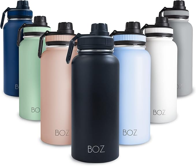 BOZ Stainless Steel Water Bottle XL (1 L / 32oz) Wide Mouth, BPA Free, Vacuum Double Wall Insulated (Matte Black)