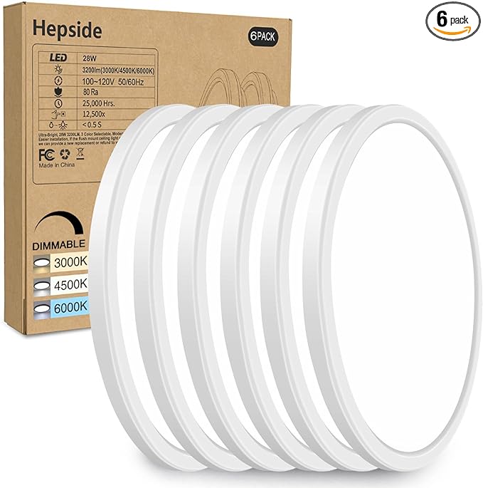 6PACK Flush Mount LED Ceiling Light Fixture White, 12Inch 28Watt, Dimmable & 3000K-4500K-6000K 3 Color Selectable Ceiling Lamp 3200LM Low Profile Ceiling Light for Kitchen Bedroom Hallway Porch