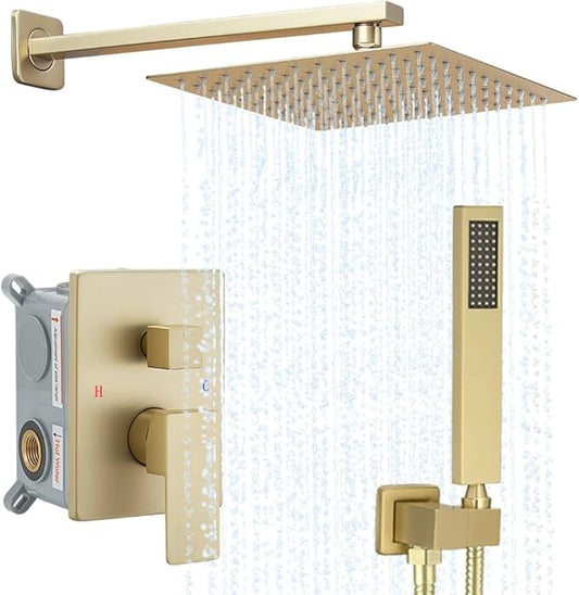 Brushed Gold Shower System YCAIKOI Wall Mount Shower Faucet Set for Bathroom 10 Inch High Pressure Luxury Shower Head with Handheld, Rough-in Valve Body and Trim Included