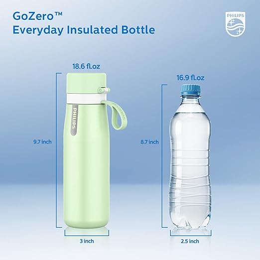 PHILIPS Insulated Stainless Steel Filtered Water Bottle with 3 Philips GoZero Everyday Tap Water Filters BPA Free Transform Tap Water into Healthy Tastier Water Keep Drink Hot/Cold, 18.6 oz, Green