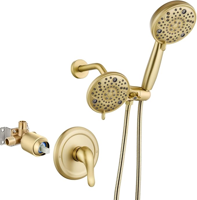 Aolemi Shower Faucet Set Rain Shower Head System Shower Trim Kit Pressure Rough-in Valve Included ABS 8 Setting Dual Shower Head and Handheld Spray Brushed Gold
