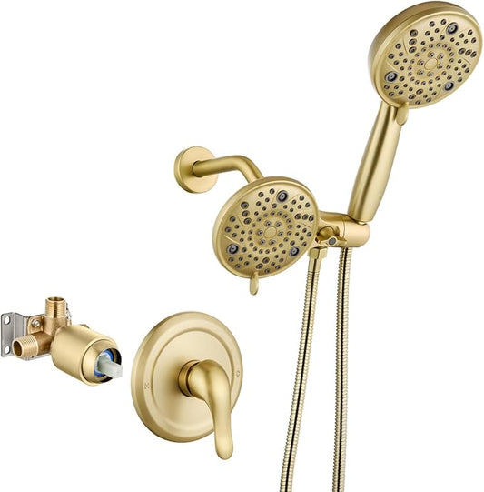 Aolemi Shower Faucet Set Rain Shower Head System Shower Trim Kit Pressure Rough-in Valve Included ABS 8 Setting Dual Shower Head and Handheld Spray Brushed Gold