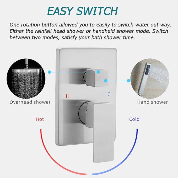 16 Inch Ceiling Mount Brushed Nickel Shower System Bathroom Luxury Rain Mixer Shower Combo Set Ceiling Rainfall Shower Head System (Contain Shower Faucet Rough-in Valve Body and Trim)