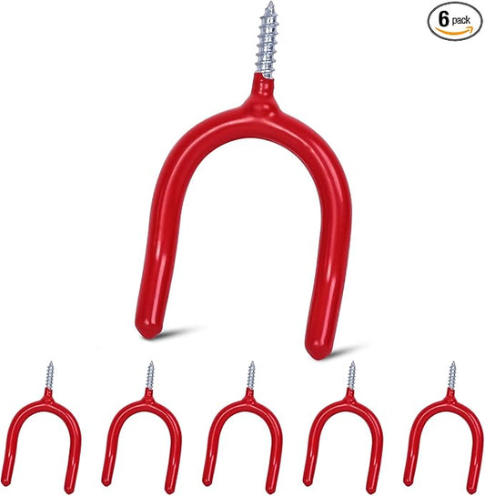 6 Pack Garage Storage System Steel U Hooks with Anti-Slip Coating Home Improvement and Organization Screw in Hooks Easy Wall Mounting Heavy Duty Bike and Ladder (Red, 6 Pack)