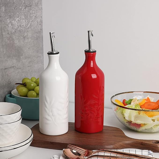 Sweejar Ceramic Olive Oil Dispenser Bottle, 20 Oz Relief Opaque Oil Cruet Protects Oil To Reduce Oxidation, Suitable for Storage Oil, Vinegar, Soy Sauce, Coffee Syrup, Liquids, Set of 1 (Red)