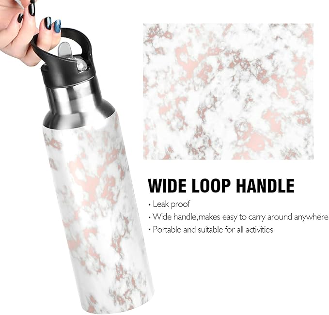 xigua Rose Gold Marble Water Bottle, BPA Free Stainless Steel Water Bottle Leak-Proof Sports Bottle for Camping Workouts Gym and Outdoor Activity, 22oz