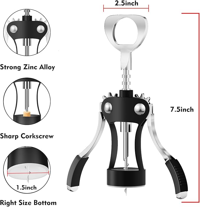 KORCCI Wine Opener, Wine Bottle Opener, Zinc Alloy Wing Corkscrew Heavy Duty, Cork Screw Beer Opener for Bartenders, Multifunctional Bottle Opener for Home Kitchen, Restaurant, Bar, Waiters