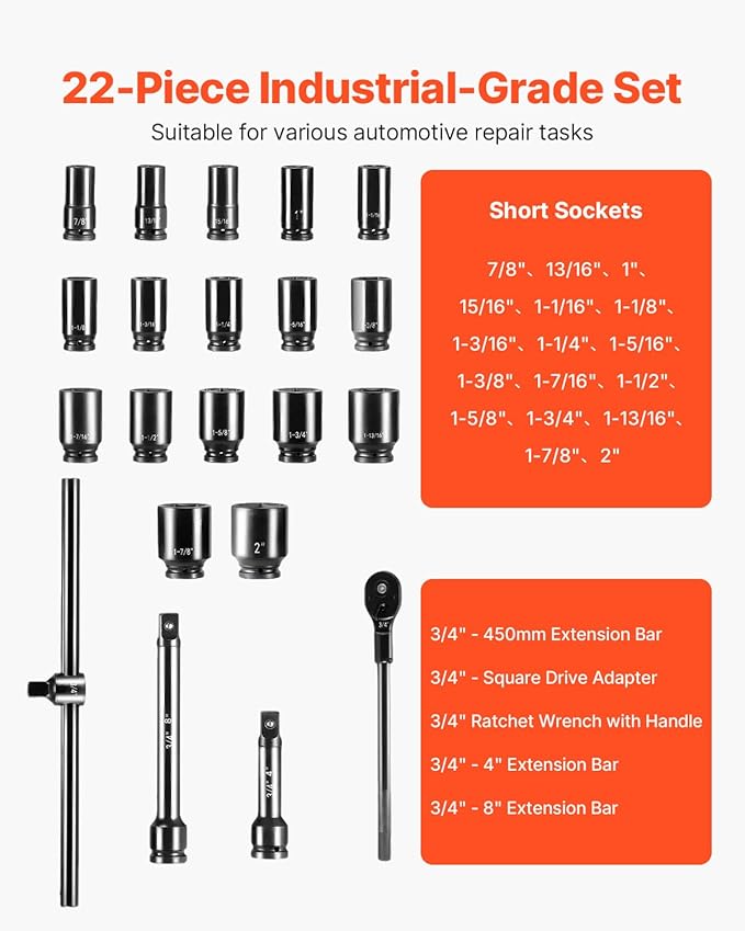 VEVOR Impact Socket Set 3/4 Inches 22 Piece Deep Impact Sockets, 6-Point Sockets, Rugged Construction, CR-V Drive Socket Set Impact SAE 13/16 inch - 2 inch, Includes Carrying Case and Ratchet Handle