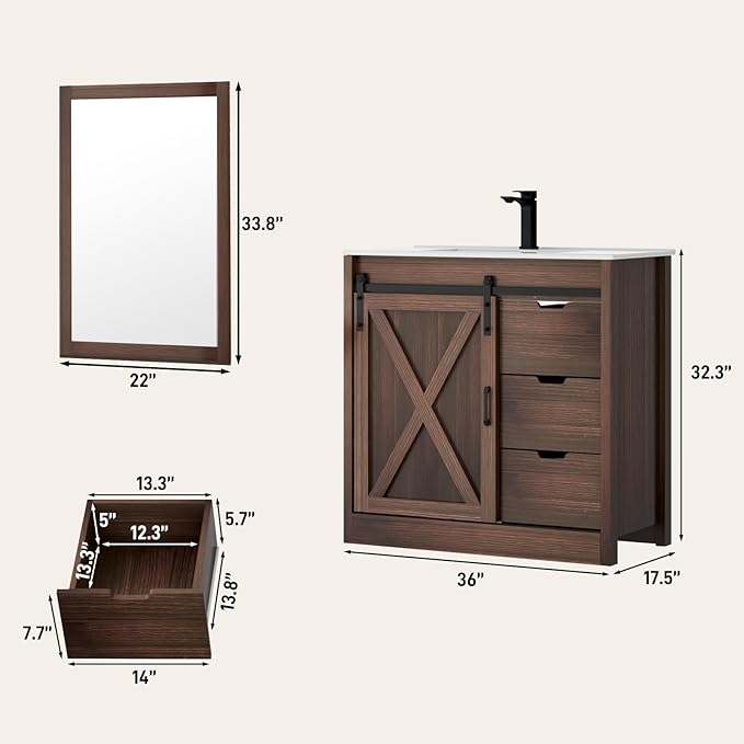 36 Inch Bathroom Vanity with Sink & Faucet & Mirror, Farmhouse Bathroom Vanity Cabinet Set with Sliding Barn Door & Drawers, Small Single Bath Storage Vanity Sink, Brown
