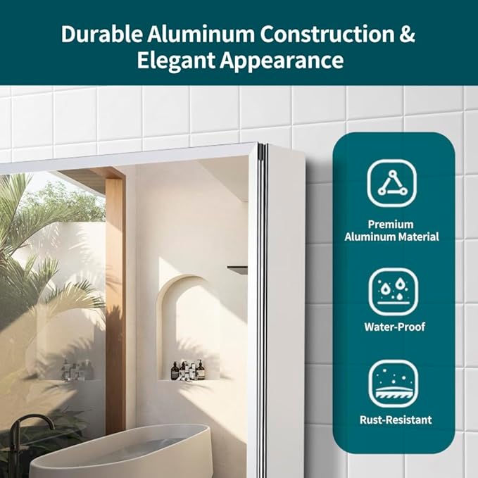 Double Doors Medicine Cabinet with Mirror, 30 inch X 26 inch Aluminum Bathroom Medicine Cabinet, Adjustable Glass Shelves, Waterproof and Rust-Resist, Recess or Surface Mount Installation,Silver