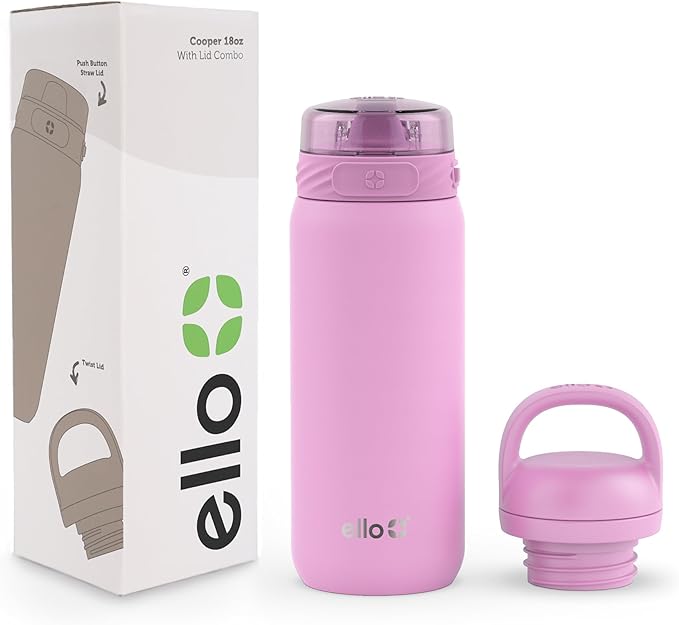 Ello Cooper 18oz Kids Stainless Steel Water Bottle with 2 Lids Chug and Straw | Leak Proof Double Wall Vacuum Insulated | Fits Car Cupholder | Built in Carry Loop | Dishwasher Safe | Bubblegum Pink