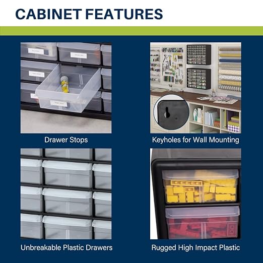 Akro-Mils 24-Drawer Plastic Drawer Storage Cabinet for Garage Organization, Bead Organizer, Building Bricks Storage, Teacher Toolbox, Makeup Organizer, 20-Inch W x 6-Inch D x 16-Inch H, 10124 Yellow