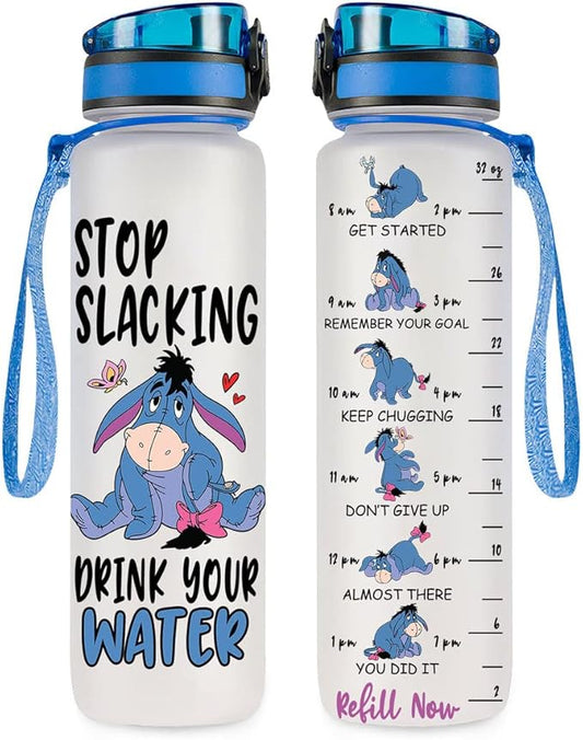Stop Slacking Drink Your Water 32 Oz Water Track Bottle, Donkey Water Bottle With Time Marker, Movie Water Bottles, Motivational Insulated Water Bottle, Blue