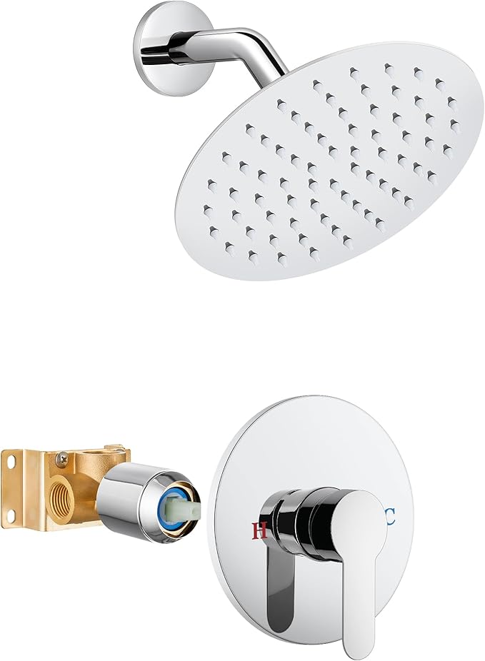 Airuida Shower Faucet Set,8 Inch Round Rainfall Shower Head,SUS304 Stainless Steel Single Handle Shower Trim Kit,Wall Mount Bathroom System with Female Threads Valve Chrome Polish