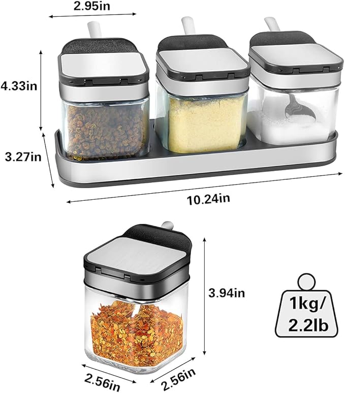 XIUDI Condiment Seal Jar Spice Container with Lids and Spoons，Clear Glass Condiment Canisters Pots Seasoning Box Salt Container Sugar Bowl Set of .Used in Kitchen, Coffee Table,Set of 3