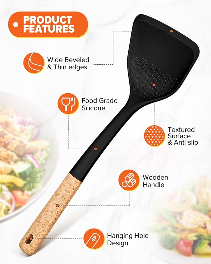Silicone Cooking Utensils Set, Perfectly Angled for Frying, Mixing,Serving,Draining,Turning and Stirring, BPA-Free Matte Silicone, Wood Handles, Safe for Nonstick Cooking Surfaces,4 Pack (Black)