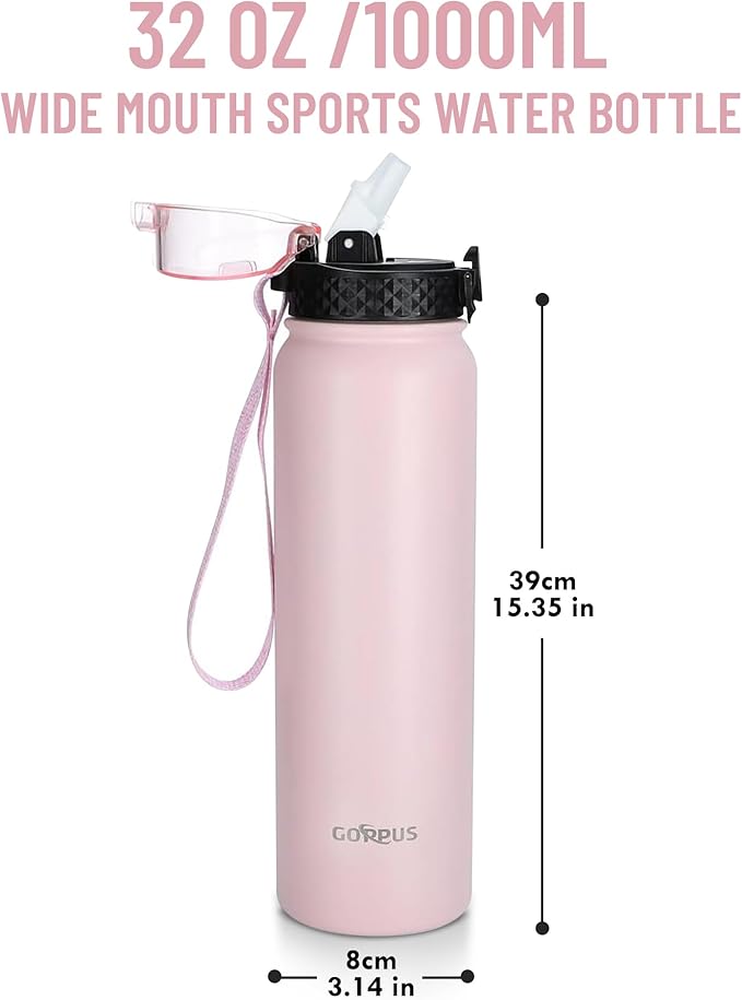 GOPPUS 32 oz Sports Water Bottle 1 Liter Double Wall Insulated Stainless Steel Water Bottles with Straw Lid Reusable Leak proof Metal water bottles with Strap Handle(Pink 1 lid)