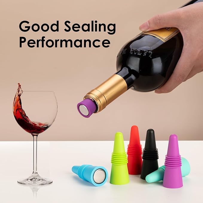 8 PCS MultiColor Silicone Wine Stoppers with Threaded Seal Ring and Stainless Top - Suitable for Wine and Beverage Bottles - Keeping Wine or Beverage Fresh