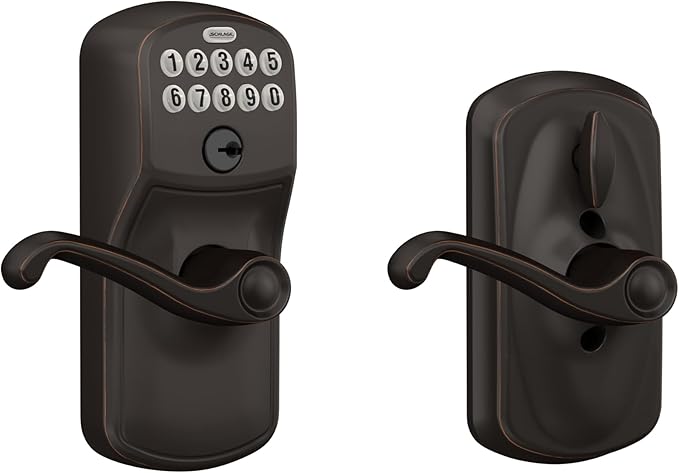 SCHLAGE FE595 PLY 716 FLA Plymouth Keypad Entry with Flex-Lock and Flair Style Levers, Aged Bronze