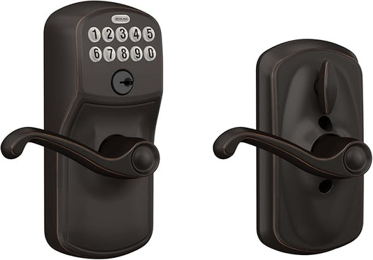SCHLAGE FE595 PLY 716 FLA Plymouth Keypad Entry with Flex-Lock and Flair Style Levers, Aged Bronze