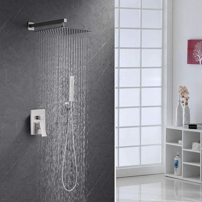 Iriber Brushed Nickle Shower System 10 Inch High Pressure Rainfall Shower Head Brass Shower Set Bathroom Rain Shower Mixer Shower Valve Modern Rain Shower and Shower Faucet and Handheld Combo Set