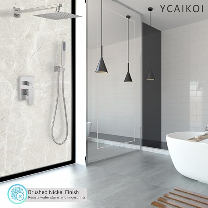 Brushed Nickel Shower System YCAIKOI Wall Mount Shower Faucet Set for Bathroom 10 Inch High Pressure Luxury Shower Head with Handheld, Rough-in Valve Body and Trim Included