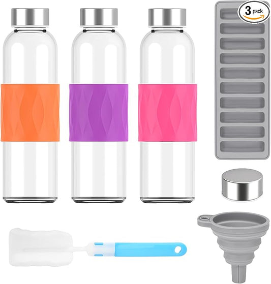 Clear Glass Water Bottles with Silicone Sleeve and Lids 18 oz, Reusable Glass Juice Bottles with Stainless Steel Airtight Cap for Juicing, Leak Proof Drinking Bottles, BPA Free, Set of 3, OPR