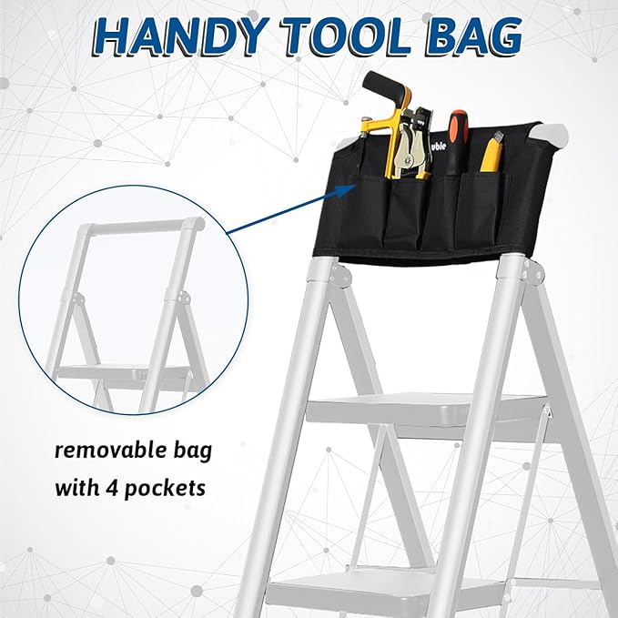 Double Elite Step Ladder 4 Step Folding with Handgrip, Convenient Step Ladder with Tool Bag Safer 330 Lbs Load 4 Step Ladder Folding Step Stool, Small Sturdy Ladder for Adults with Wide Pedals, White