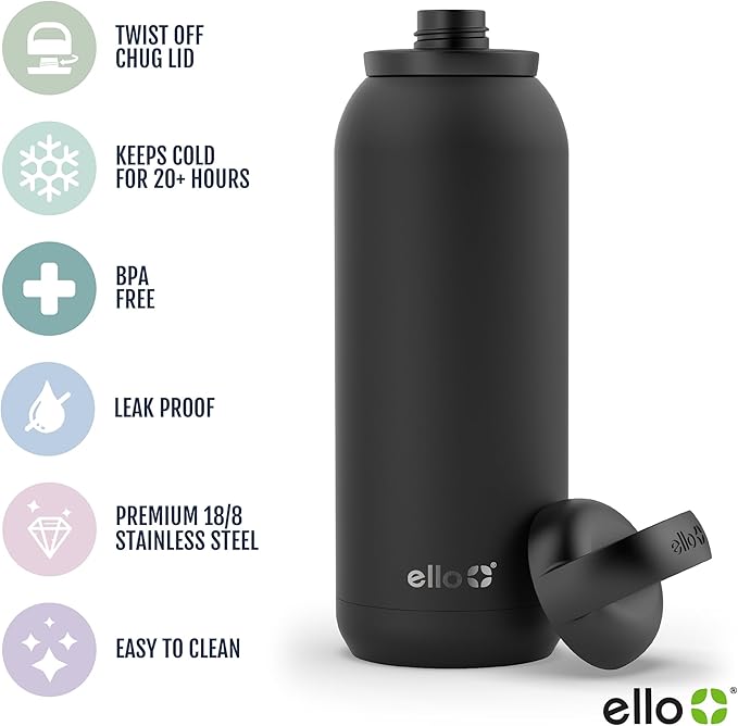 Ello Cooper Twist 40oz Stainless Steel Water Bottle with Chug Lid | Leak Proof | Double Walled and Vacuum Insulated | Built in Carry Loop | Dishwasher Safe | Gray
