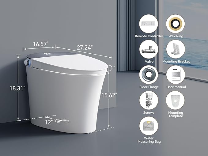 Smart Toilet with Bidet Built-in Filtered Water Cleaning, Instant Warm Water & Heated Seat, Smart Bidet Toilet with Auto/Blackout Flush, Dryer, Deodorization, Night Light & Digital Display