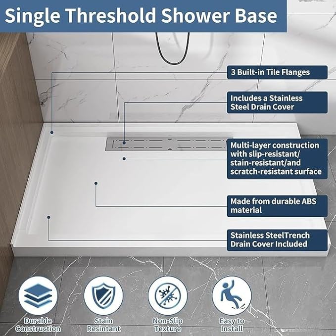 Acrylic Shower Base with Left or Right Drain, Single Threshold, Rectangular Shower Pan, Slip-Resistant Textured Surface,Includes Stainless Steel Chrome Trench Cover (white, 60"×36"×4")