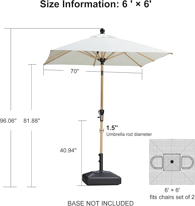 PURPLE LEAF 6' x 6' Market Umbrella Outdoor Table Umbrella Aluminum Patio Umbrella with Push Button Tilt & 8 Sturdy Ribs and Crank Outdoor Umbrellas for Deck Backyard Beach, Cream