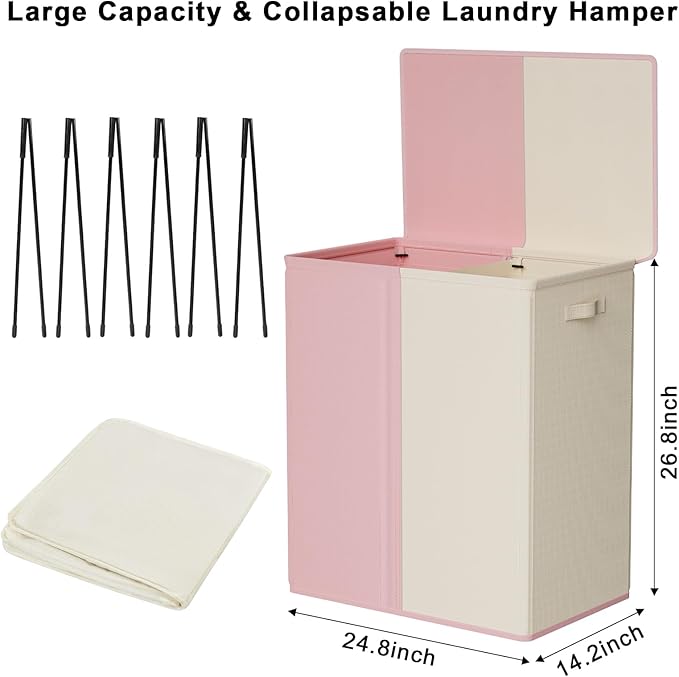 WOWLIVE Double Laundry Baseket with Lid and Removable Laundry Bags,154L Large Laundry Hamper 2 Section Collapsible Dirty Clothes Hamper for Laundry Room,College Dorm,Bathroom,Pink and Beige
