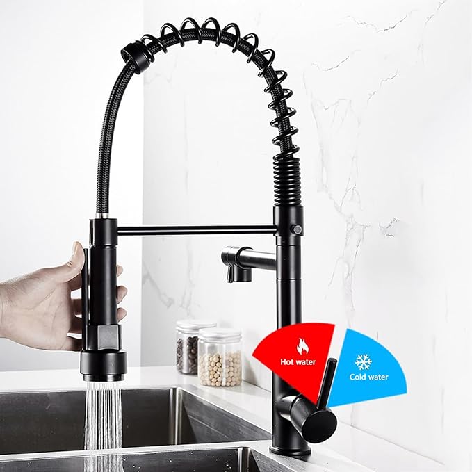 Commercial Kitchen Faucet with Pull Out Sprayer,Black Kitchen Sink Faucet with Pot Filler,Dual Spout Spring Stainless Steel Kitchen Faucets Pull-Out Kitchen Faucet for RV, Farmhouse, Camper