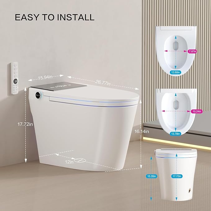 Smart Toilet with Bidet Built-In and Tank – Foam Shield, Heated Seat, Dual Flush, Warm Water & Dryer, Foot Sensor, Night Light, and Wireless Remote Control