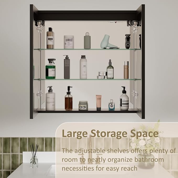 32x32 Inch Led Lighted Medicine Cabinet with Mirror, Recessed or Surface Mount Bathroom Medicine Cabinet, Anti-Fog, Adjustable Shelf, Dimmable Light, Outlets & USB, ETL Listed, Black