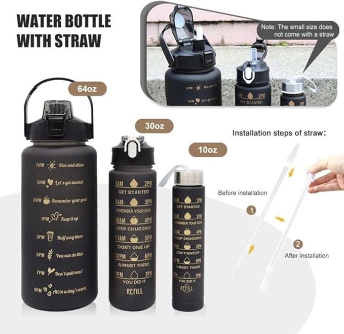 Generic Stay Hydrated in style 3-in-1 Piece Motivational Water Bottle Set with Time Marker, Leak-Proof and BPA-Free Design - Perfect for fitness activities and outdoor adventures!, Black