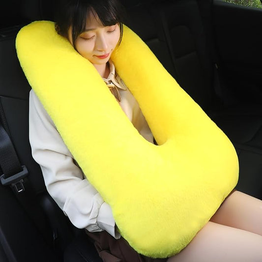 Kids Travel Pillow for Car Seat with Hand Muff, Cartoon Neck & Headrest Seat Belt Pillow for Car Road Trips Long-Distance Travel Sleeping Pillow for Adults and Children, Yellow