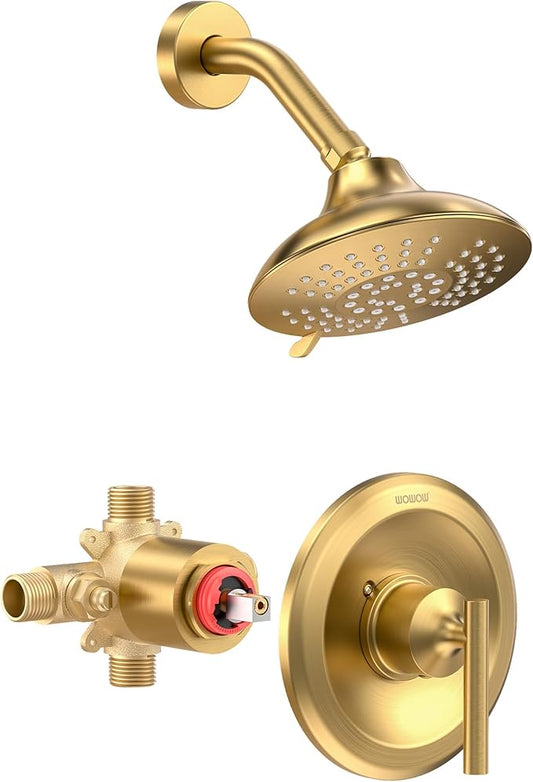 Bathroom Shower Faucet Set Gold: WOWOW Shower Combo Set with 6-Inch Rain Shower Head, Single Handle Shower Trim Kit Modern Shower System High Pressure (Valve Include）