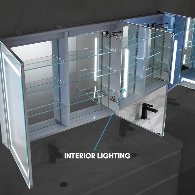 Blossom 60-Inch LED Lighted Mirror Medicine Cabinet | Recessed or Surface Mount Bathroom Cabinet | One Touch Built-in Defogger | Dimmer | Makeup Mirror | 3 Adjustable Glass Shelves