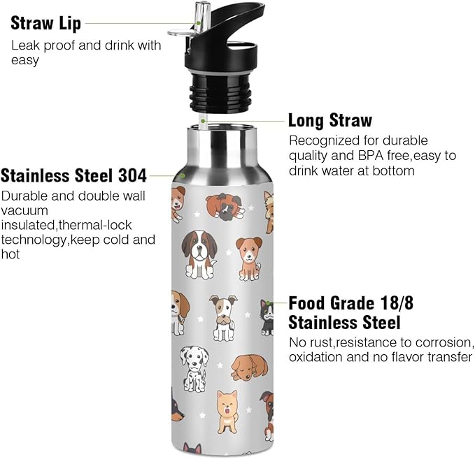 Cute Dog Stainless Steel Water Bottle with Straw Lid - 20 Oz Sports Insulated Water Bottle Thermos for Sport Gym Outdoor Travel School
