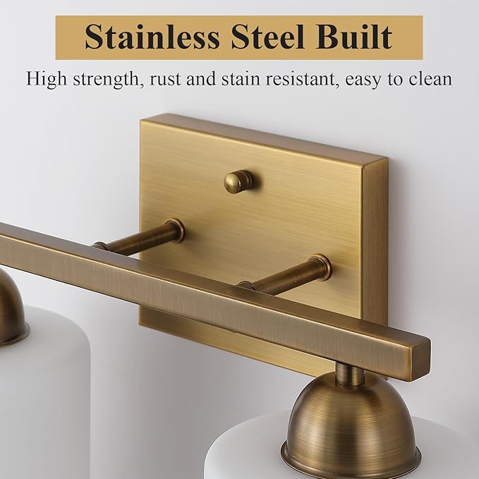 Stainless Steel Milk Glass Vanity Lights for Bathroom, 2 Light Brass Bathroom Light Fixtures Over Mirror, Ceramic E26 Sockets Wall Mounted