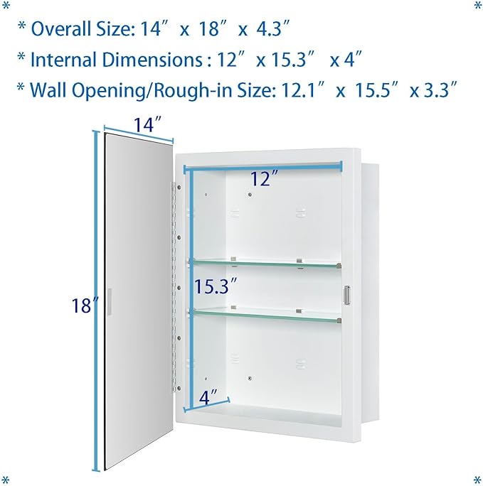 Bathroom Medicine Cabinet with Beveled Edge Mirrored Door 14 x 18 inch, Recessed or Surface Mount, with Adjustable Glass Shelves